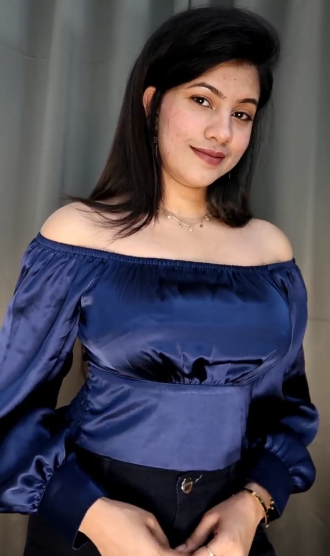 Navy Blue Off Shoulder Satin Top