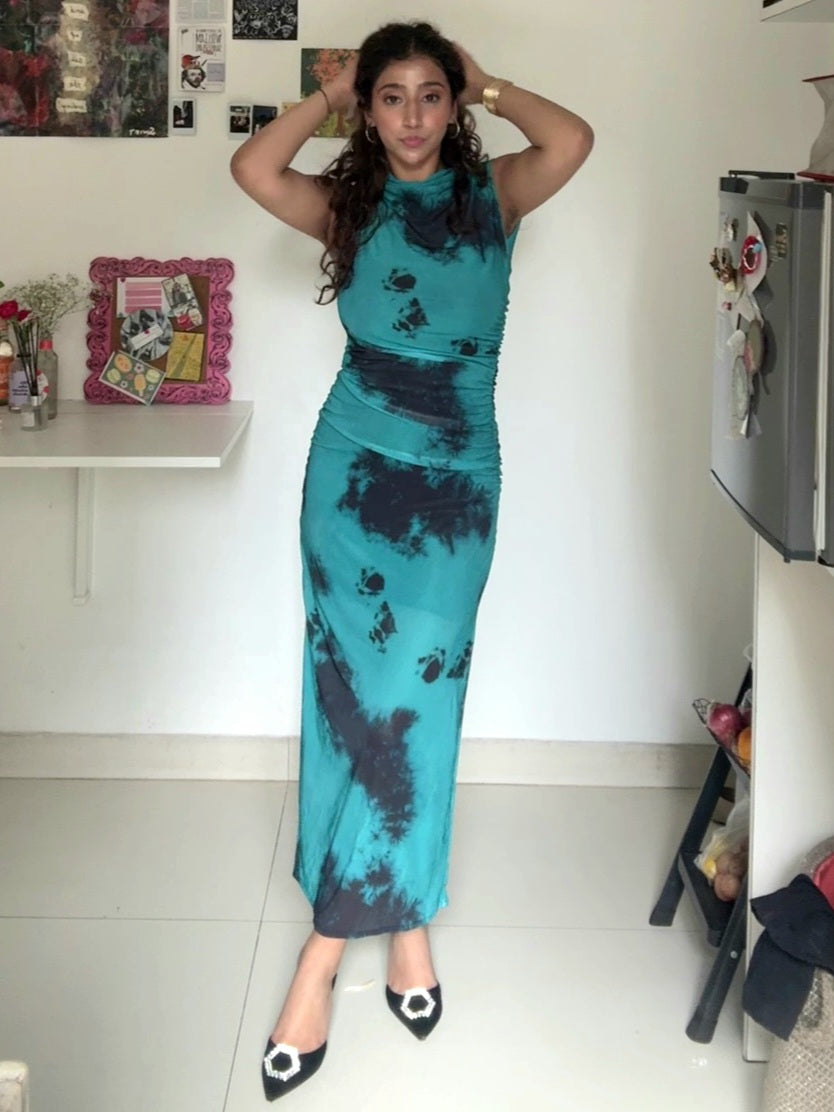 Esha's Choice- Blue Turtle Neck Mesh Dress